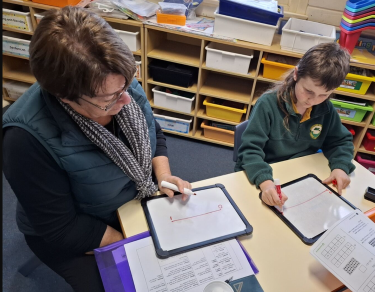 Our School Learning Support Officer working with a Year 5 student with whiteboards during Maths.