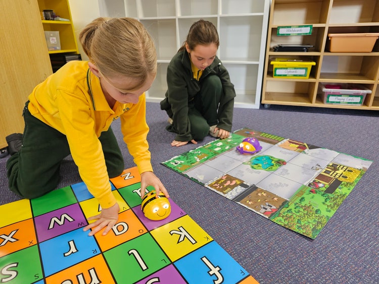 image showing two students coding with bee-bot robots on specially designed mats